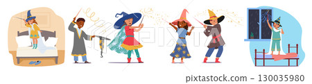 Cute little children diverse cartoon characters wearing wizard and witch costume isolated set 130035980