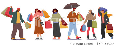Happy diverse people cartoon characters carrying autumn purchases in shopping bags enjoying sale 130035982