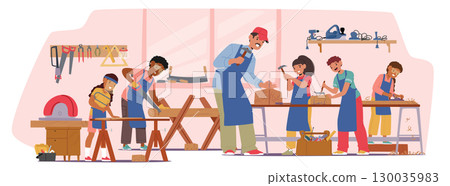 Woodwork master class for kids with teacher professional carpenter at workshop studio cartoon scene 130035983
