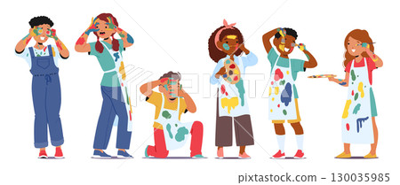 Cute happy children artists cartoon characters wearing clothes in paints colorful spots isolated set 130035985