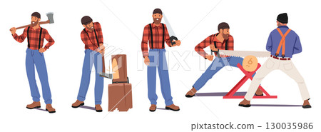 Professional lumberjack cartoon characters full-length portrait set isolated white background Professional lumberjack cartoon characters full-length portrait set isolated white background 130035986