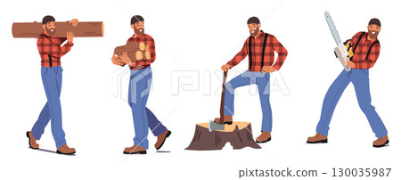 Skilled professional logging industry staff set with lumberjack in uniform working with firewood Skilled professional logging industry staff set with lumberjack in uniform working with firewood 130035987
