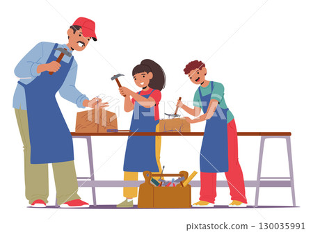 Teacher carpenter teaching children students hammering nails during woodwork master class lesson 130035991