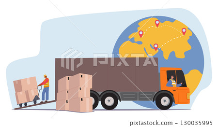 Warehouse workers loading cargo truck engaged in worldwide transportation process preparation Warehouse workers loading cargo truck engaged in worldwide transportation process preparation 130035995