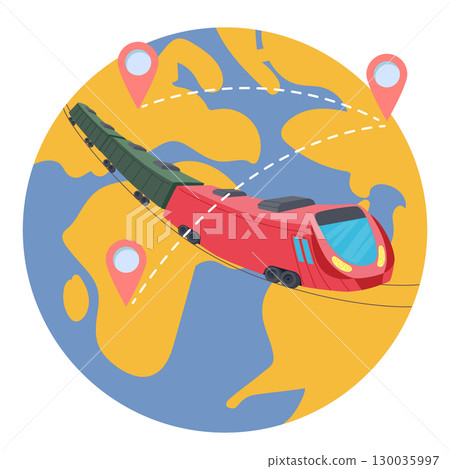 Worldwide rail transportation and global delivery logistics cartoon train over earth planet scene Worldwide rail transportation and global delivery logistics cartoon train over earth planet scene 130035997