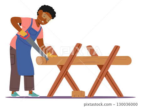 Cute little boy student cartoon character elementary age child learning sawing log on stand Cute little boy student cartoon character elementary age child learning sawing log on stand 130036000