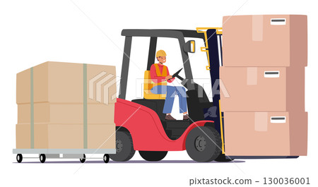 Warehouse worker driving forklift delivering cardboard boxes and cargo containers isolated on white 130036001