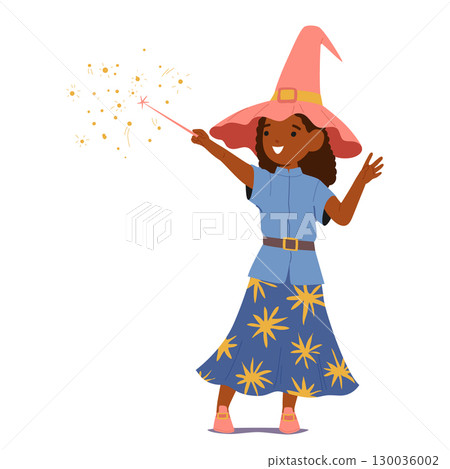 Little girl sorceress making witchcraft spell with magic wand isolated on white background 130036002