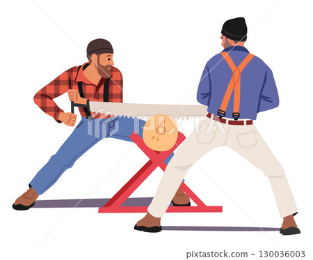 Men lumberjacks professional team sawing log on stand together using handed saw instrument 130036003