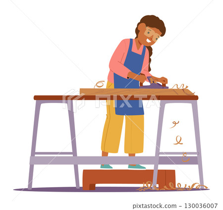 Inspired girl student cartoon child character experiencing woodwork with chisel carpentry tool Inspired girl student cartoon child character experiencing woodwork with chisel carpentry tool 130036007