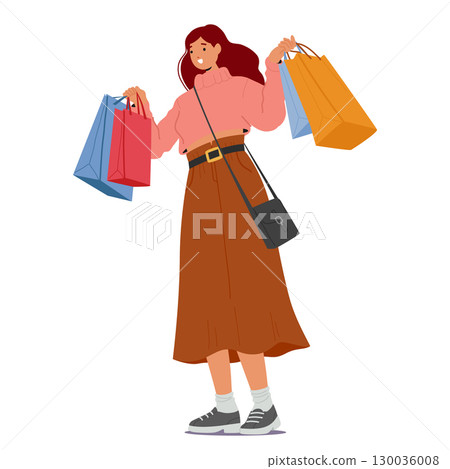 Young woman cartoon character carrying shopping bag enjoying autumn sale discount offer at store 130036008