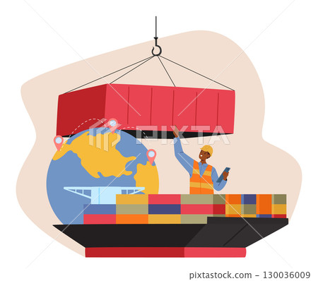Man loading barge for transporting cargo containers providing global international logistic service 130036009