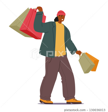 African American man buyer cartoon character holding purchase bags enjoying shopping day routine 130036013
