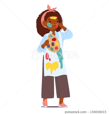 Funny girl artist cartoon character standing with paints palette and paintbrush isolated on white 130036015