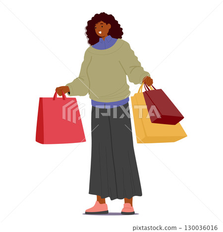 Happy satisfied African American woman shopper cartoon character with paper bags ful of purchases 130036016