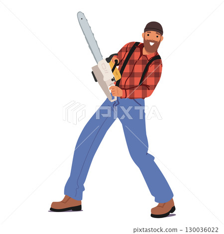 Happy smiling active lumberjack cartoon character posing with electric saw isolated on white Happy smiling active lumberjack cartoon character posing with electric saw isolated on white 130036022