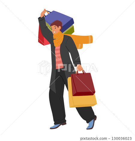 Fashion guy cartoon character with shopping bags feeling satisfaction of sale discount season offer 130036023
