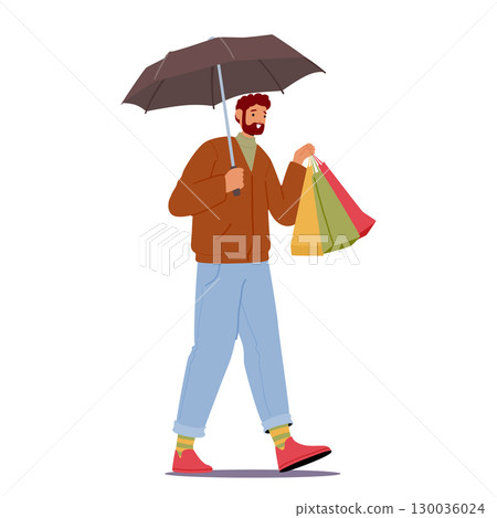 Adult man cartoon character carrying shopping bag walking under umbrella after autumn sale event 130036024
