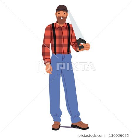 Man lumberjack cartoon character posing with hand saw on shoulder isolated on white background 130036025