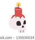 A cute simple illustration of a skull with a burning candle on top of it. Fun Halloween print. 130036034