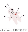 A fun illustration of a voodoo doll with several pins stuck into it. Cute Halloween character with button eye. Black magic. 130036035