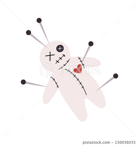 A fun illustration of a voodoo doll with several pins stuck into it. Cute Halloween character with button eye. Black magic. 130036035