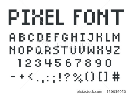 English alphabet pixel art, 8 bit uppercase letters, numbers and punctuation marks, vector font, typographic symbols 130036050