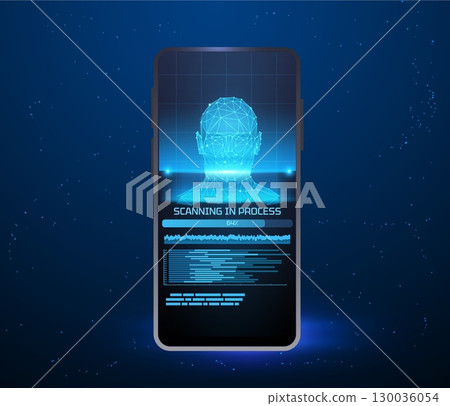The smartphone scans a person's face, forming a polygonal mesh, biometric technology digital facial recognition system 130036054