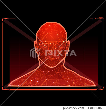 Biometric technology digital face scanning, facial recognition system, vector red polygonal wireframe, identification 130036063