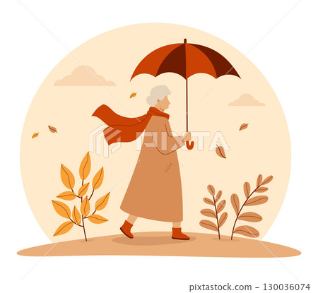 Autumn Elderly gray-haired woman in coat and scarf with umbrella and falling leaves. Seasonal fall scene background banner. Vector illustration. Not AI 130036074