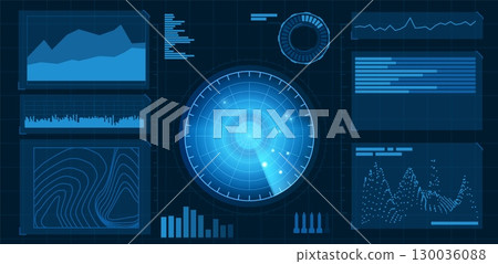 Realistic digital blue HUD radar display in searching, vector graphs and charts of signal interface, navy or air sonar Realistic digital blue HUD radar display in searching, vector graphs and charts of signal interface, navy or air sonar 130036088