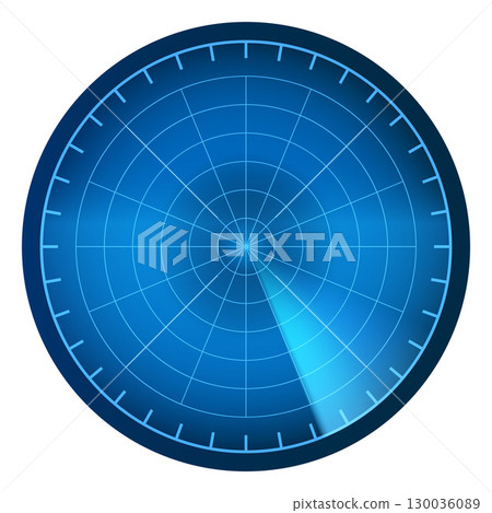 Realistic digital blue HUD radar display in searching, detection system, vector navigation interface navy or air sonar 130036089