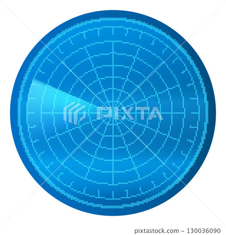 Realistic digital blue HUD radar display in searching, vector pixel navigation interface, 8 bit navy or air sonar system 130036090