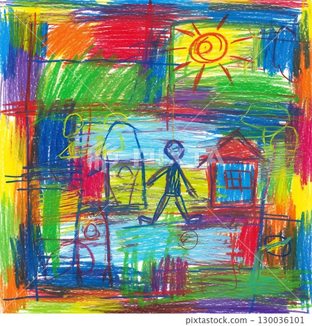 Colorful child-like crayon drawing resembling abstract playful art. 130036101