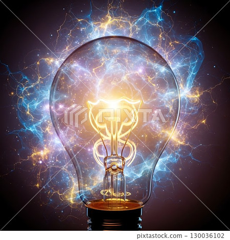 Creative glowing lightbulb with galaxy and cosmic electric effects. 130036102