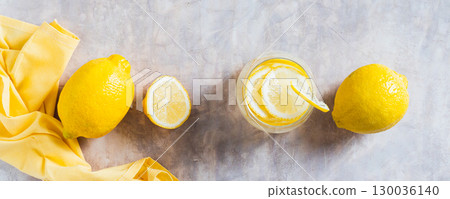 A glass of water with lemon wedges and a lemon on the table top view web banner A glass of water with lemon wedges and a lemon on the table top view web banner 130036140