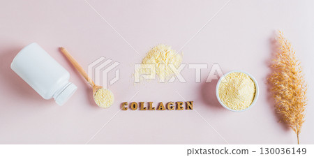Hydrolyzed collagen protein powder in bowl on table top view web banner 130036149