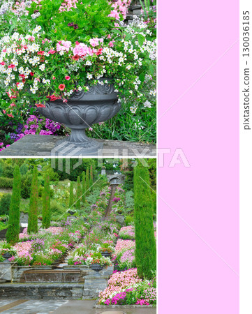 Decorative collage of a beautiful terraced garden with large pink copy space. 130036185