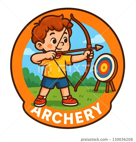Round Archery Club Logo with Child Shooting Bow on White Background 130036208