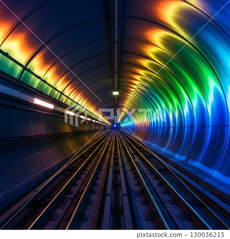 Futuristic rainbow-lit tunnel perspective with vanishing point, vibrant neon city atmosphere. 130036215