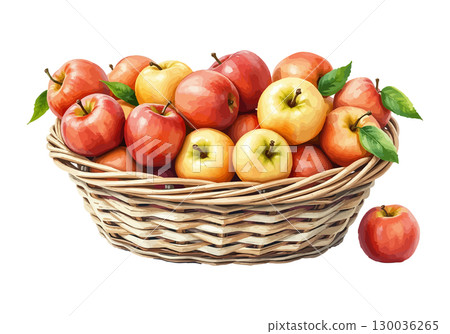 Watercolor vector illustration of a basket full of apples. 130036265