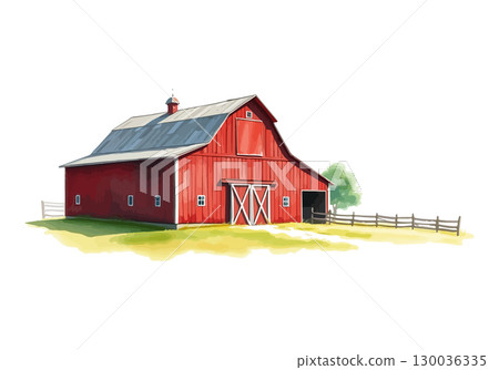 Watercolor vector illustration of a red barn. Watercolor vector illustration of a red barn. 130036335