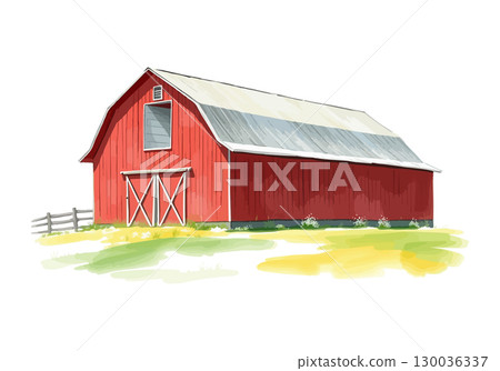 Watercolor vector illustration of a red barn. 130036337