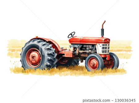 Watercolor vector illustration of a red tractor. 130036345