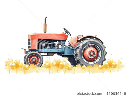 Watercolor vector illustration of a red tractor. 130036346