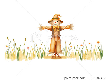 Watercolor vector illustration of a scarecrow. 130036352