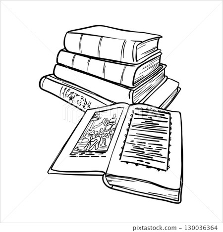 Hand drawn line illustration of a stack of books and open book. Vector sketch Books. Black and white line drawing of a book is with open pages and Stack of Books. Literature in outline drawing eps10 130036364