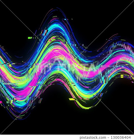 Vibrant neon waves glowing against dark background in abstract style. 130036404