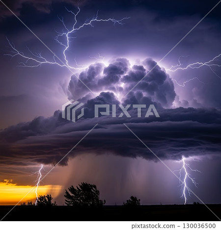 Dark thunderstorm cloud with lightning bolts striking the sky. 130036500