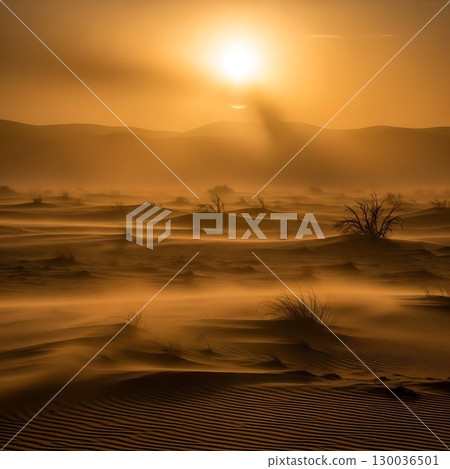 Golden desert dunes with dramatic sunset light. 130036501